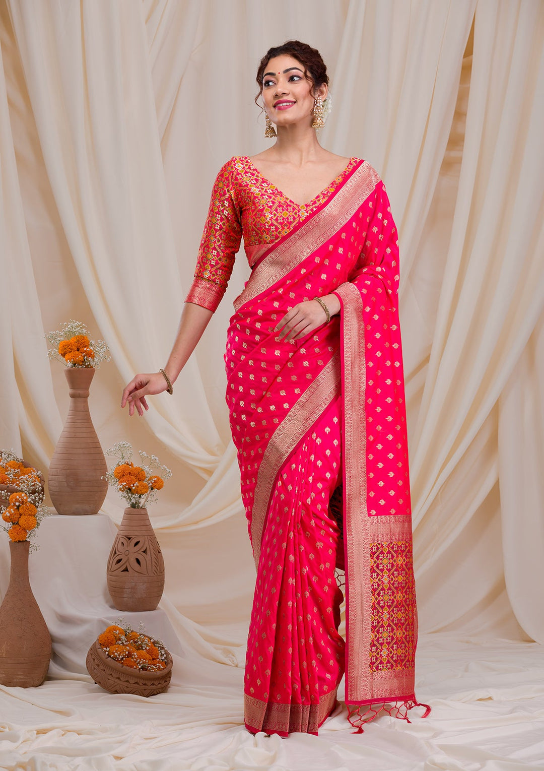 Peach Zariwork Art Silk Saree-Koskii