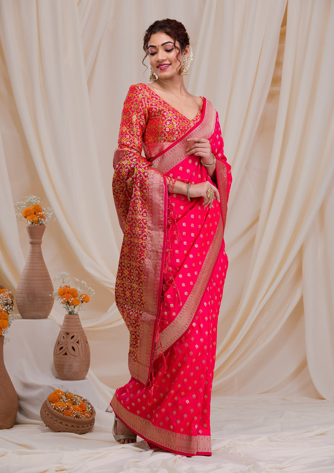 Peach Zariwork Art Silk Saree-Koskii