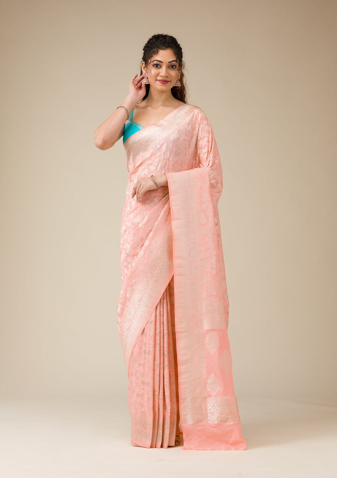 Peach Zariwork Art Silk Saree