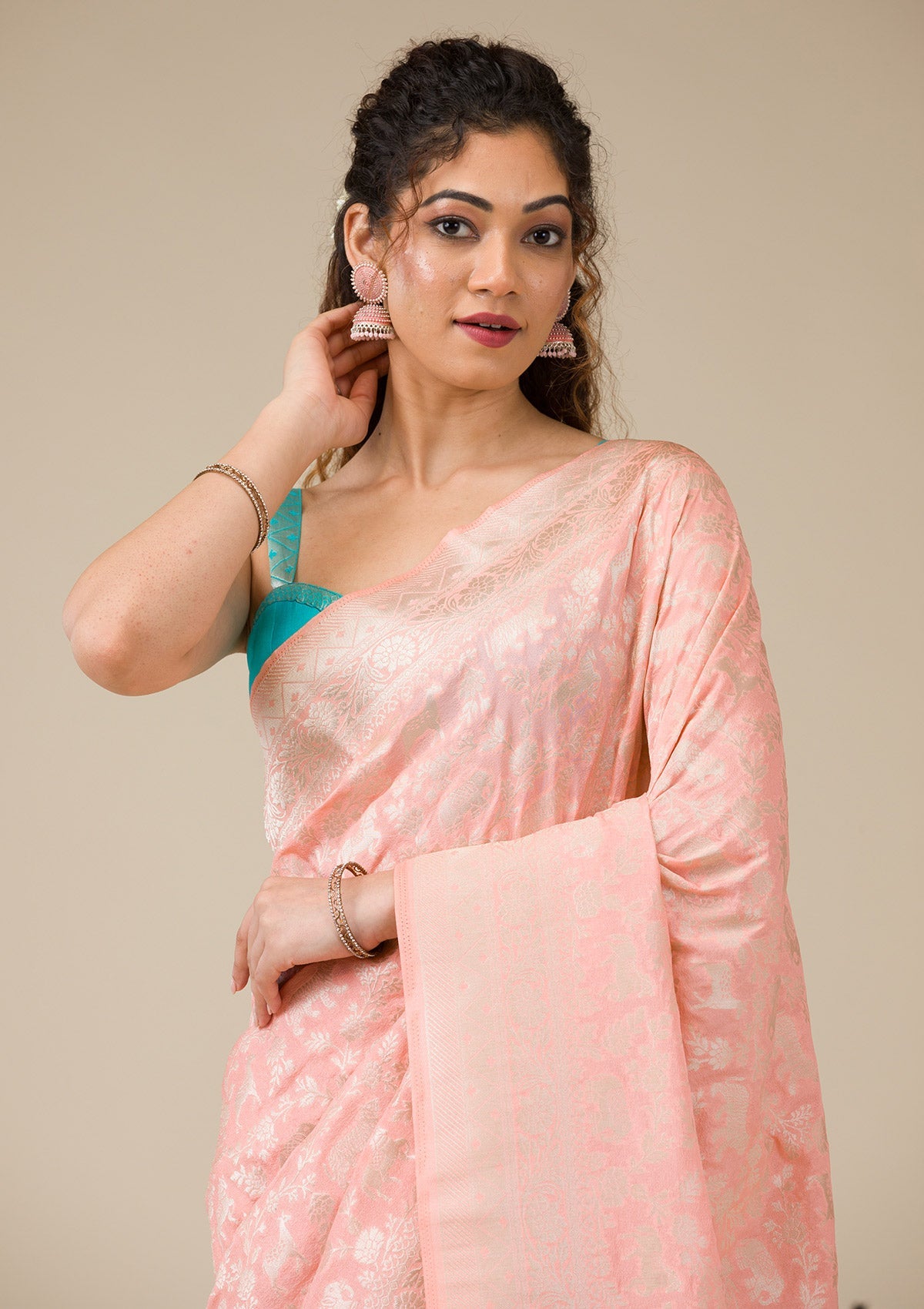 Peach Zariwork Art Silk Saree