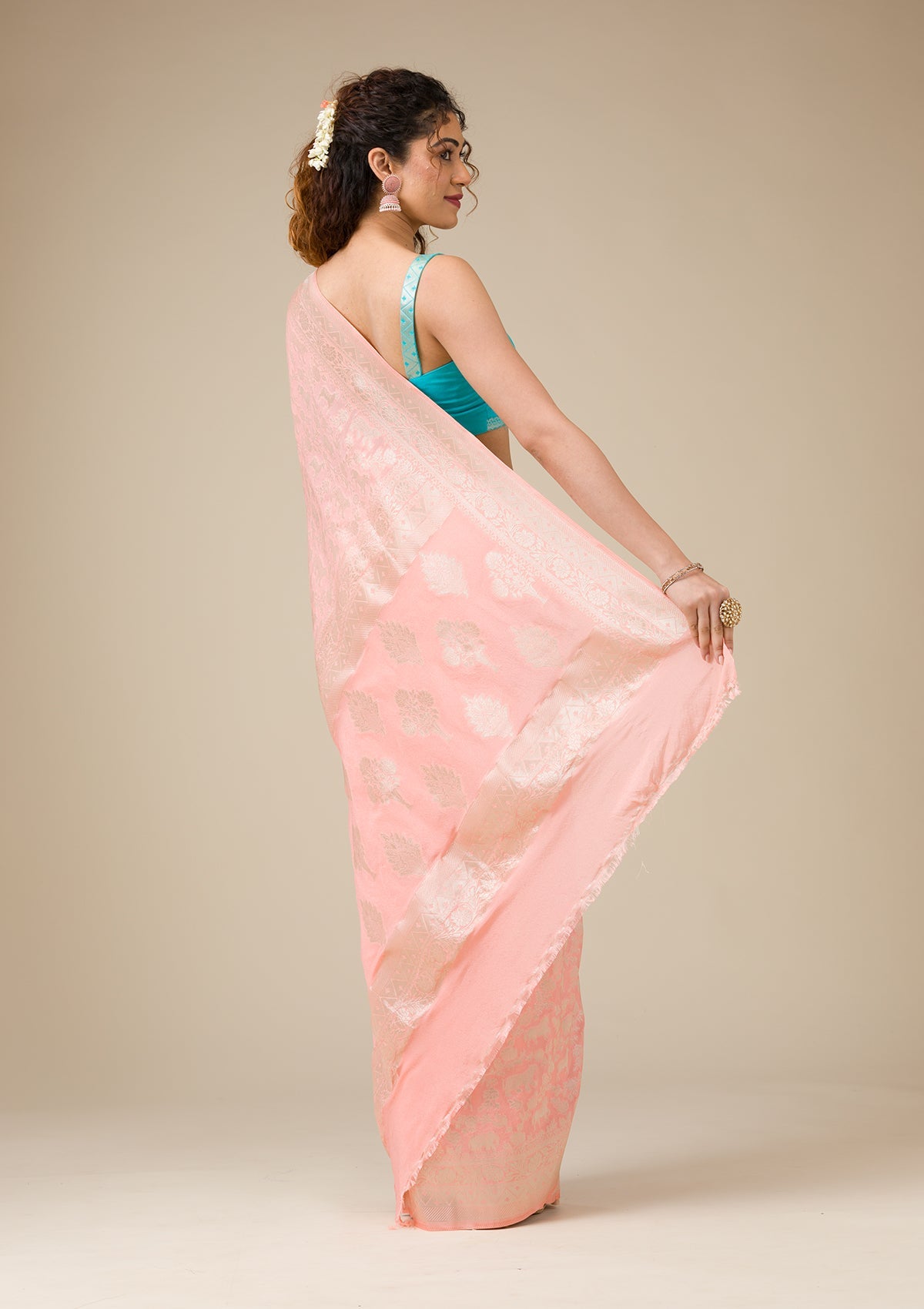 Peach Zariwork Art Silk Saree