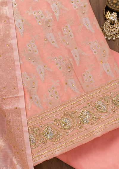 Peach Zariwork Banarasi Unstitched Salwar Suit-Koskii