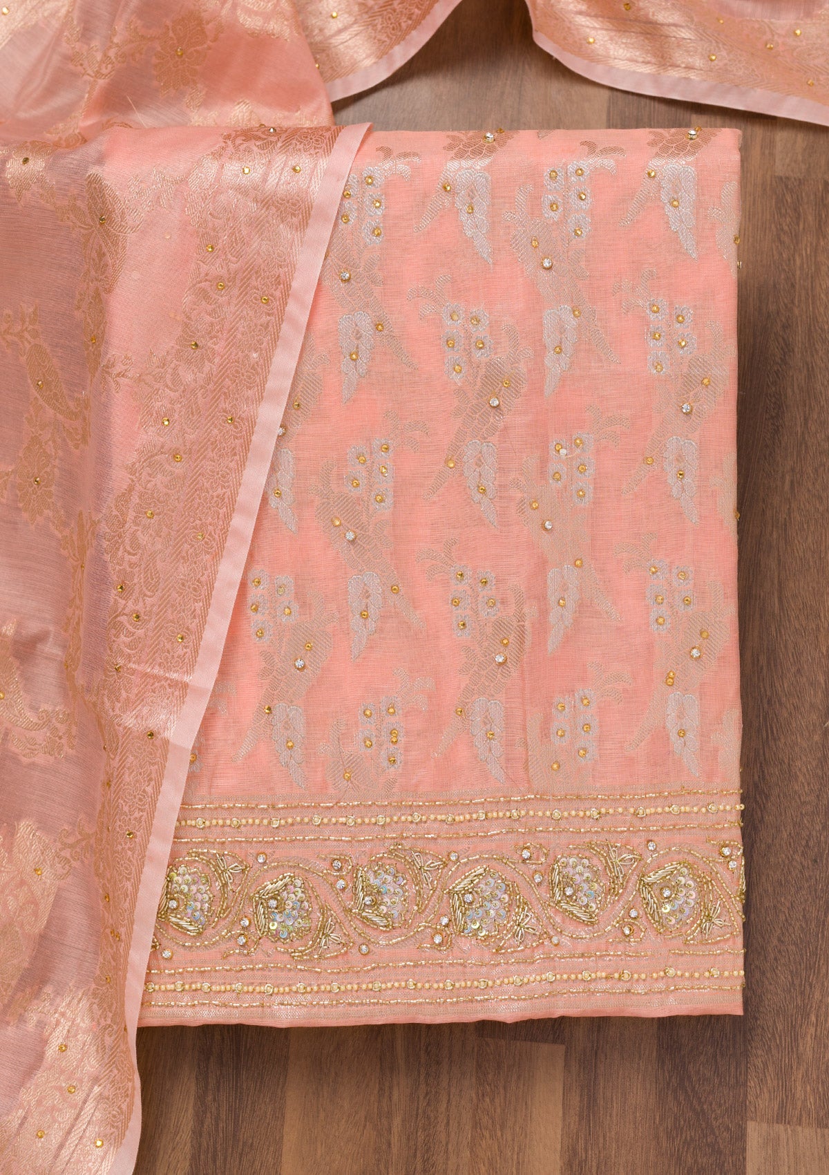 Peach Zariwork Banarasi Unstitched Salwar Suit-Koskii