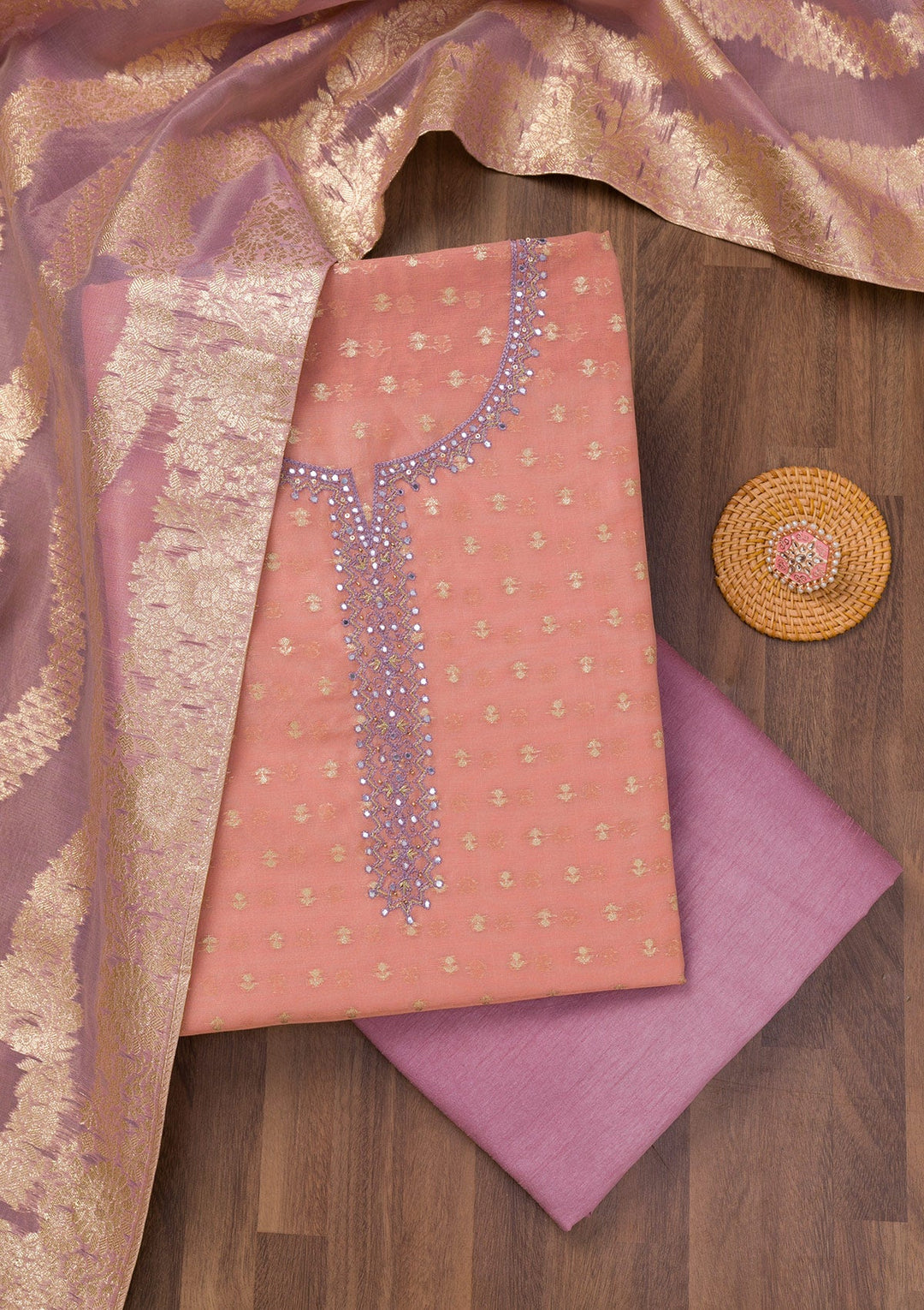 Peach Zariwork Banarasi Unstitched Salwar Suit-Koskii