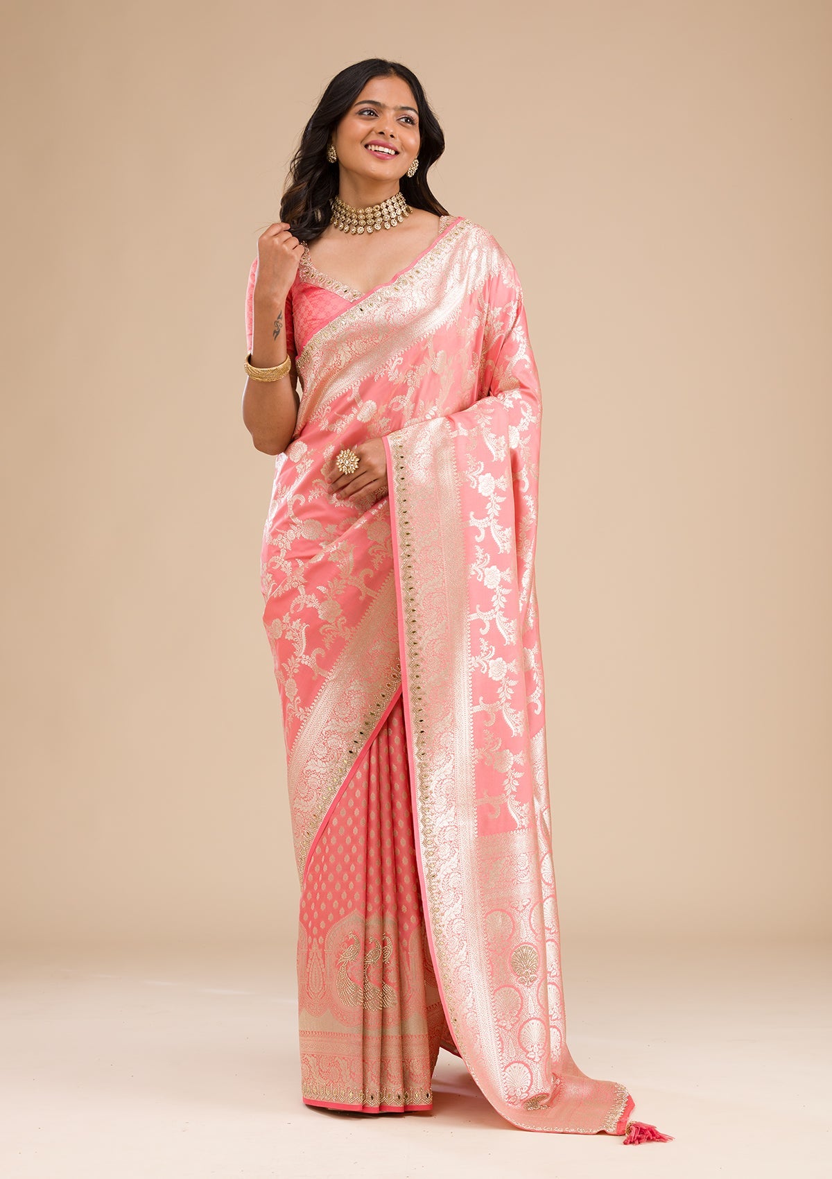 Peach Zariwork Banarasi Silk Saree-Koskii