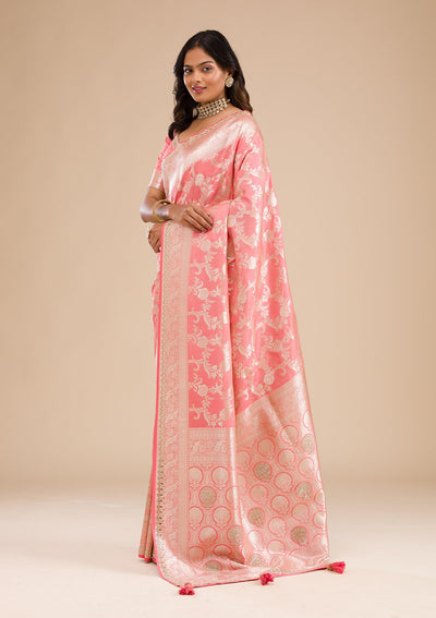 Peach Zariwork Banarasi Silk Saree-Koskii