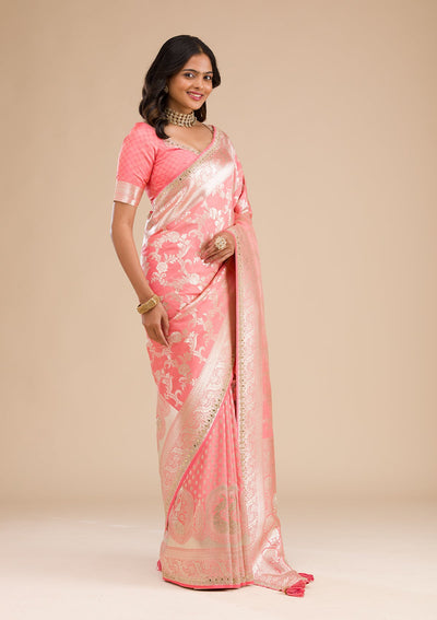 Peach Zariwork Banarasi Silk Saree-Koskii