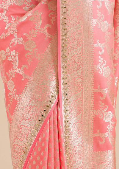 Peach Zariwork Banarasi Silk Saree-Koskii