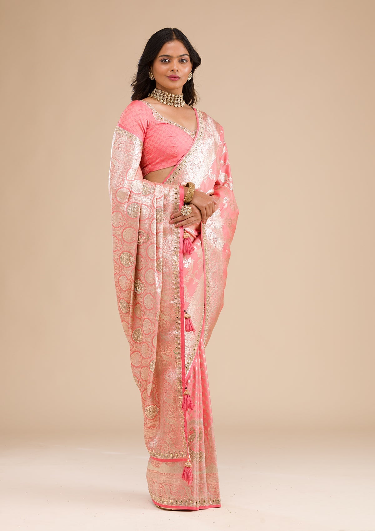 Peach Zariwork Banarasi Silk Saree-Koskii