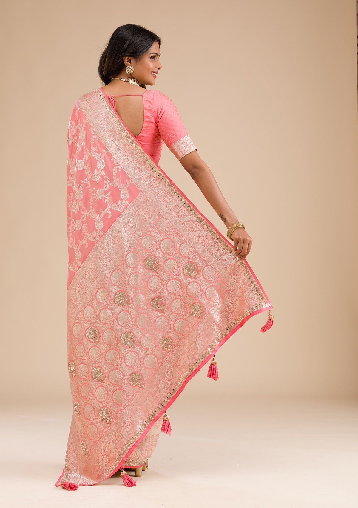 Peach Zariwork Banarasi Silk Saree-Koskii