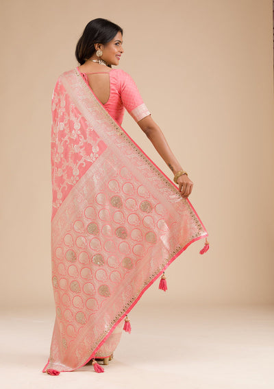 Peach Zariwork Banarasi Silk Saree-Koskii