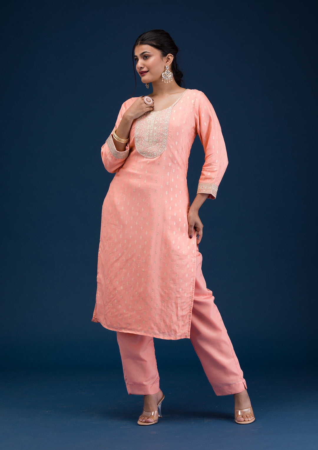Peach Zariwork Chanderi Readymade Salwar Suit-Koskii