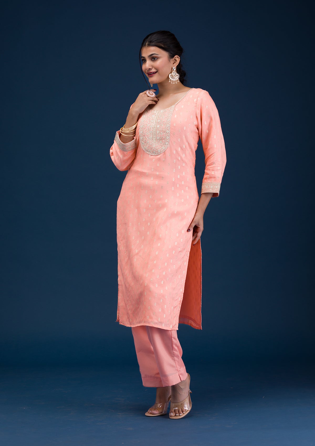 Peach Zariwork Chanderi Readymade Salwar Suit-Koskii