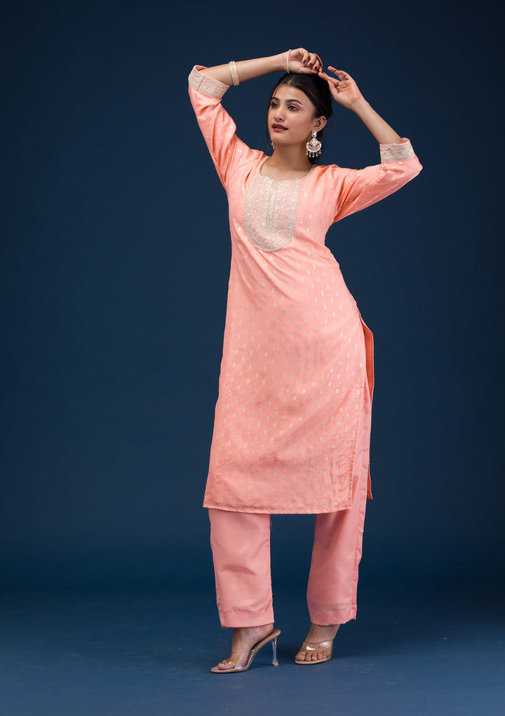 Peach Zariwork Chanderi Readymade Salwar Suit-Koskii