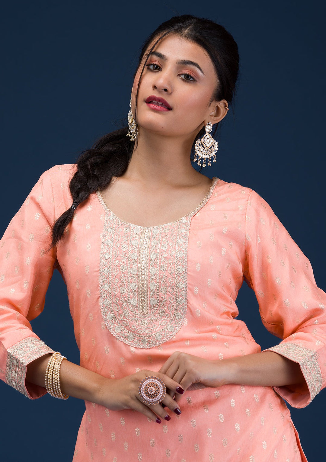 Peach Zariwork Chanderi Readymade Salwar Suit-Koskii
