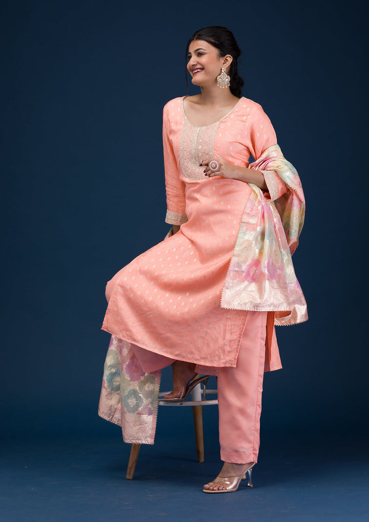 Peach Zariwork Chanderi Readymade Salwar Suit-Koskii