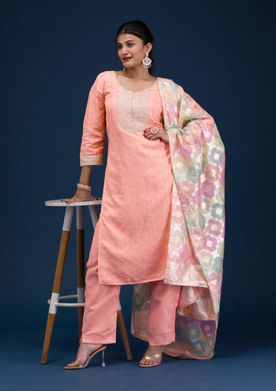 Peach Zariwork Chanderi Readymade Salwar Suit-Koskii