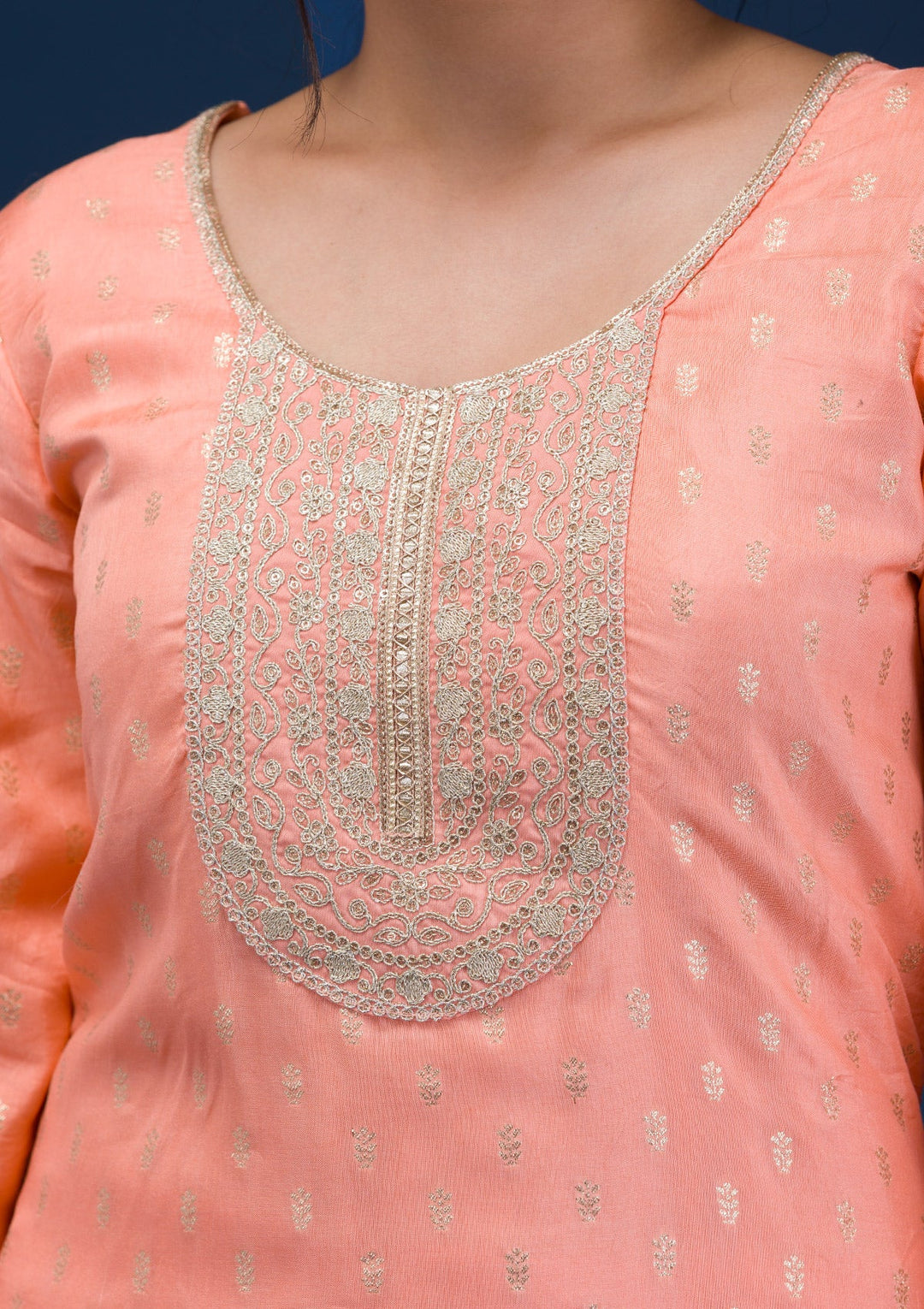 Peach Zariwork Chanderi Readymade Salwar Suit-Koskii
