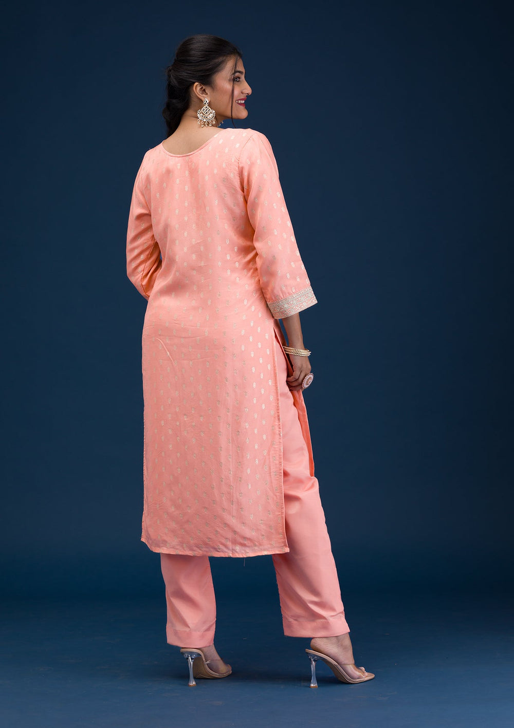 Peach Zariwork Chanderi Readymade Salwar Suit-Koskii