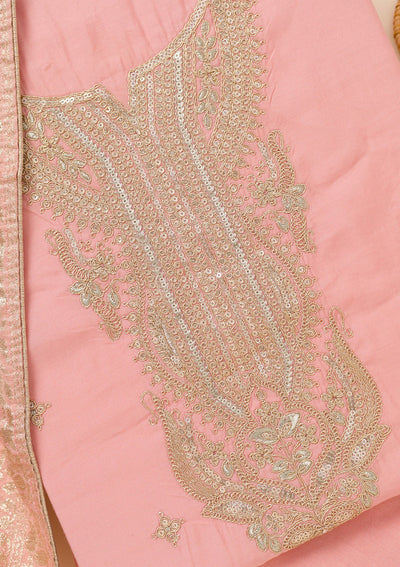 Peach Zariwork Chanderi Unstitched Salwar Suit-Koskii