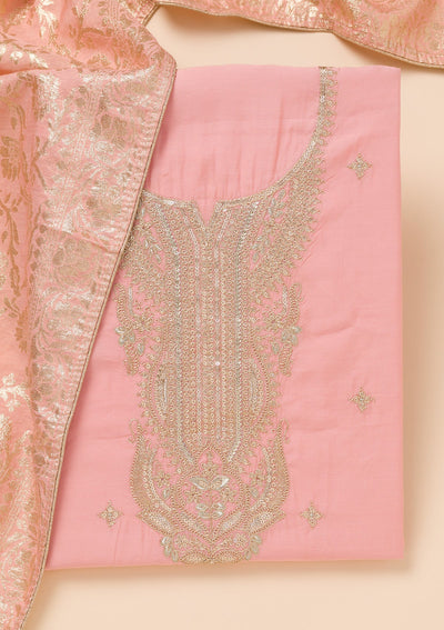 Peach Zariwork Chanderi Unstitched Salwar Suit-Koskii