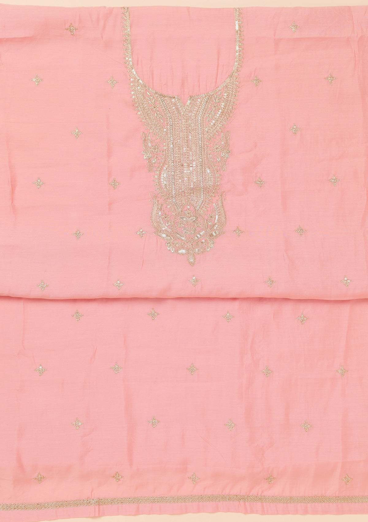 Peach Zariwork Chanderi Unstitched Salwar Suit-Koskii