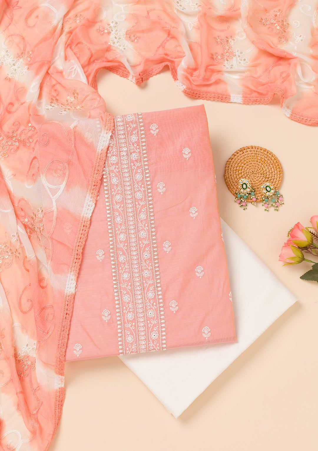 Peach Zariwork Chanderi Unstitched Salwar Suit-Koskii