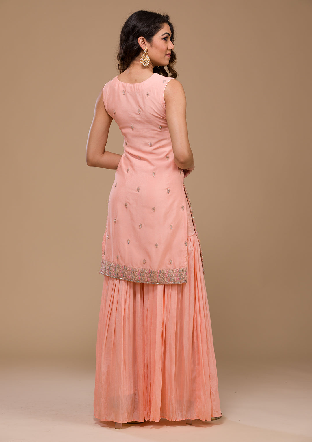 Peach Zariwork Chiffon Readymade Salwar Kameez-Koskii