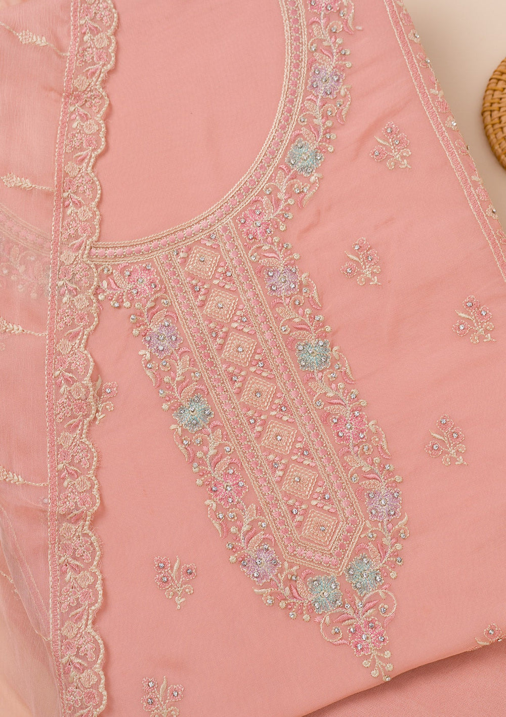 Peach Zariwork Georgette Unstitched Salwar Suit-Koskii