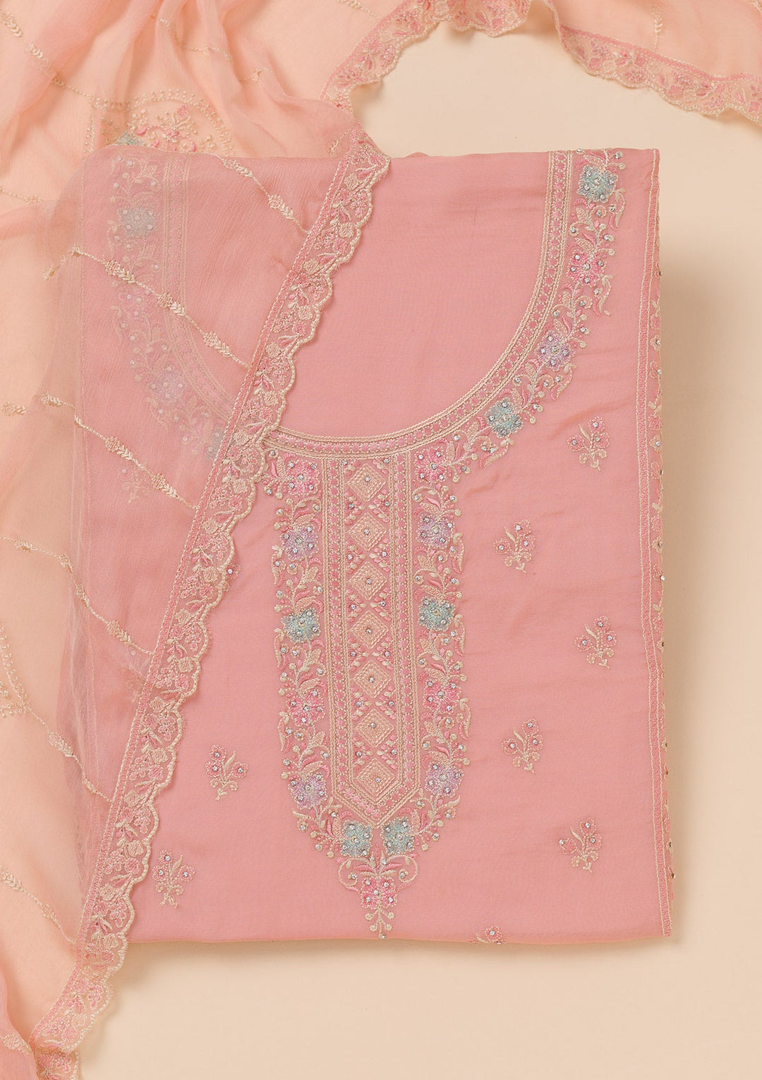 Peach Zariwork Georgette Unstitched Salwar Suit-Koskii