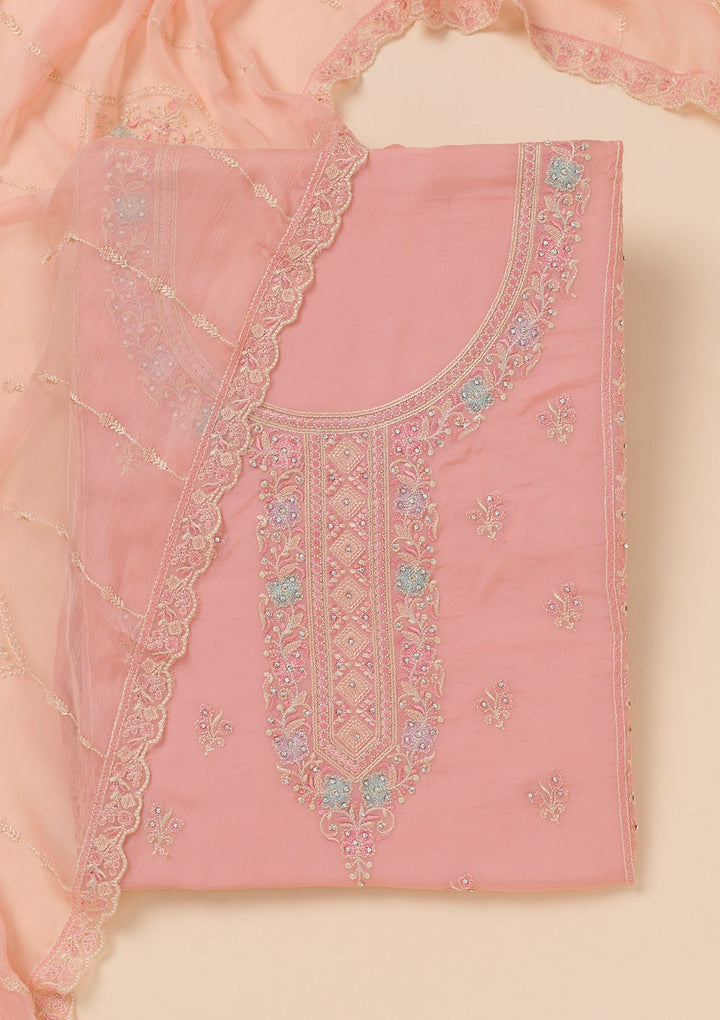 Peach Zariwork Georgette Unstitched Salwar Suit-Koskii