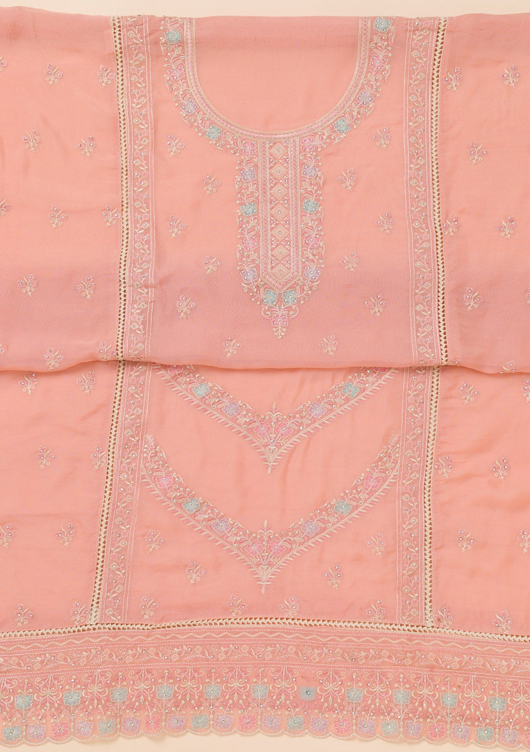 Peach Zariwork Georgette Unstitched Salwar Suit-Koskii