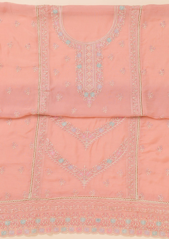 Peach Zariwork Georgette Unstitched Salwar Suit-Koskii