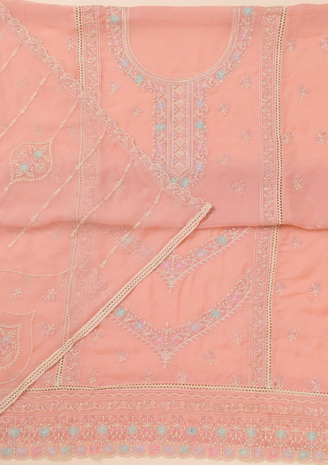 Peach Zariwork Georgette Unstitched Salwar Suit-Koskii
