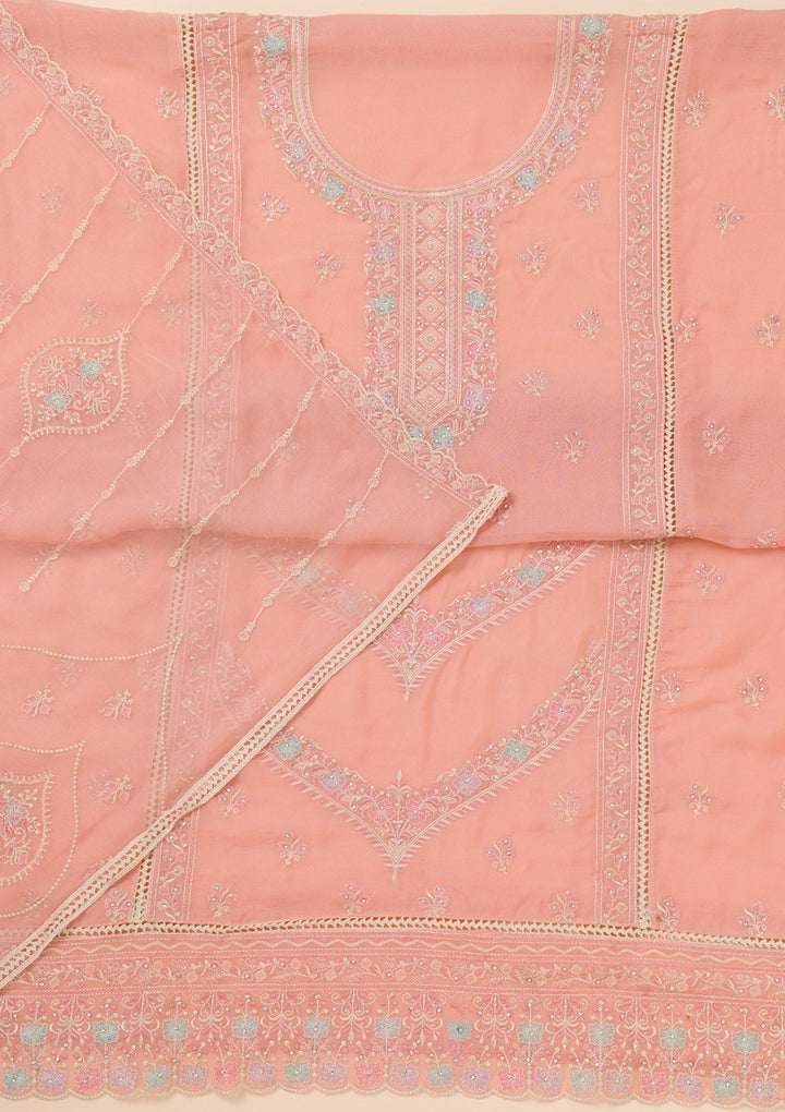 Peach Zariwork Georgette Unstitched Salwar Suit-Koskii