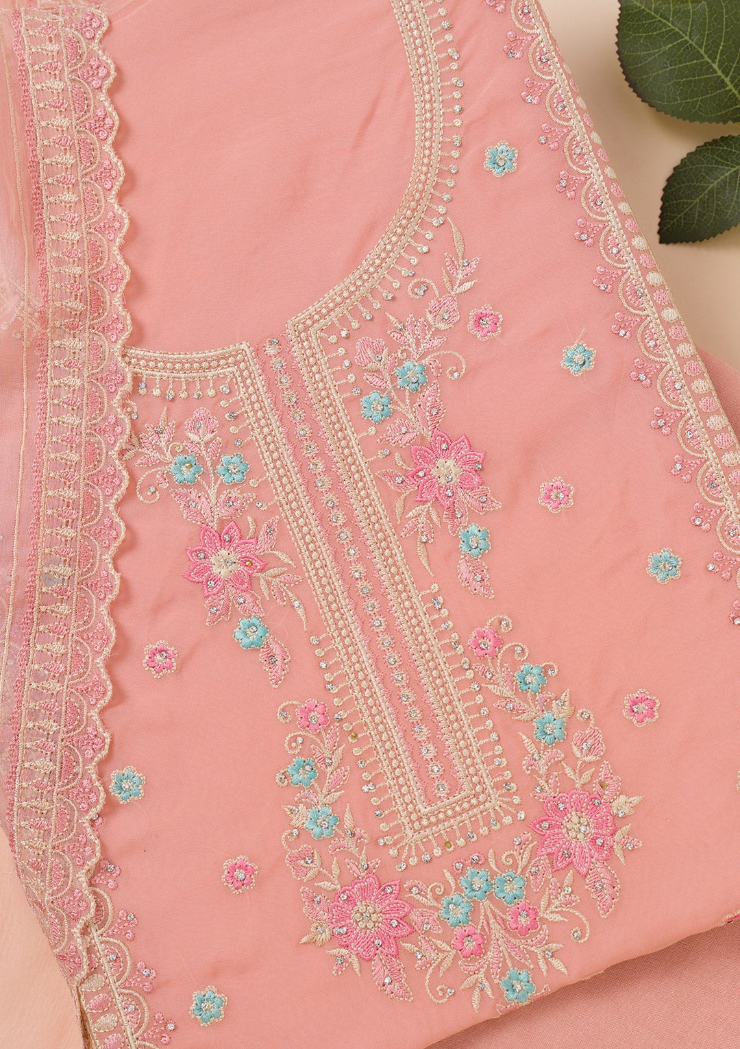 Peach Zariwork Georgette Unstitched Salwar Suit-Koskii