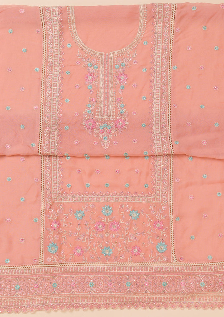 Peach Zariwork Georgette Unstitched Salwar Suit-Koskii