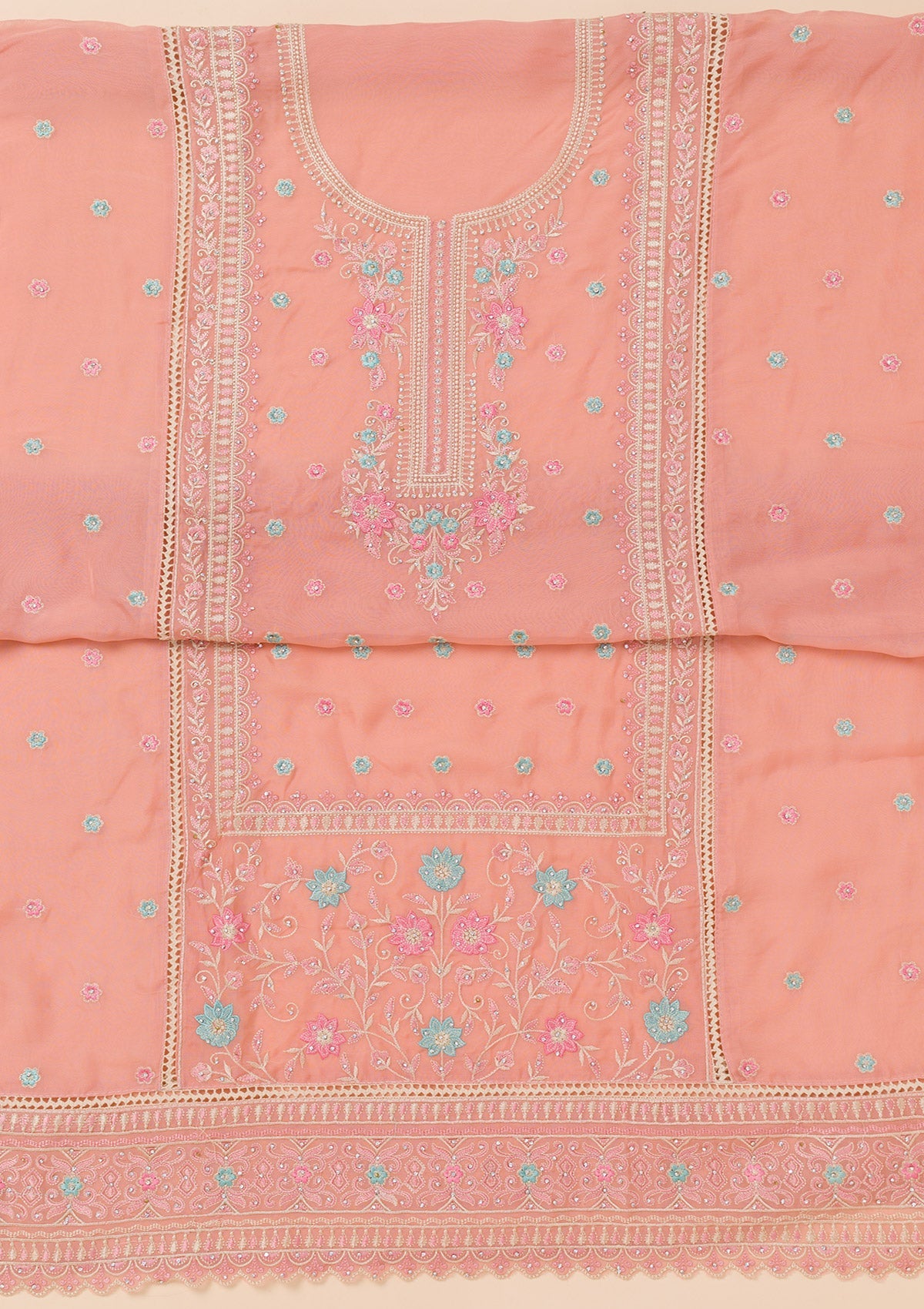 Peach Zariwork Georgette Unstitched Salwar Suit-Koskii