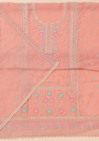 Peach Zariwork Georgette Unstitched Salwar Suit-Koskii