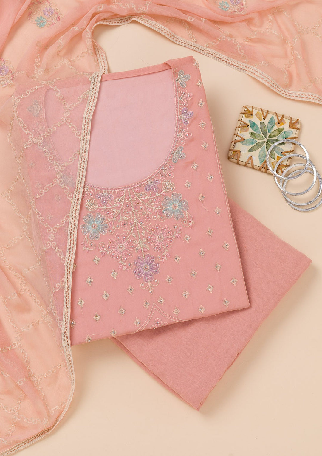 Peach Zariwork Georgette Unstitched Salwar Suit-Koskii