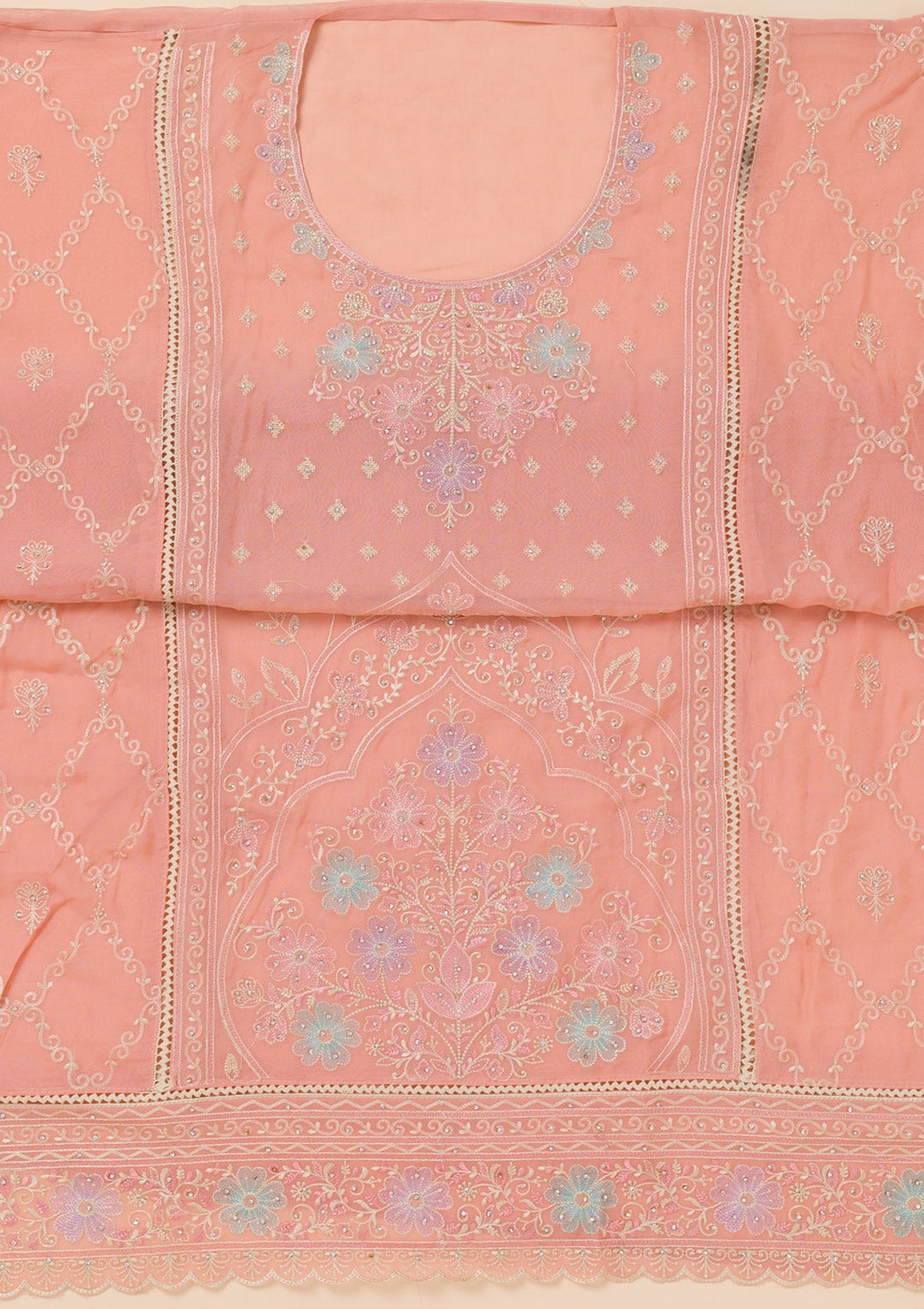 Peach Zariwork Georgette Unstitched Salwar Suit-Koskii