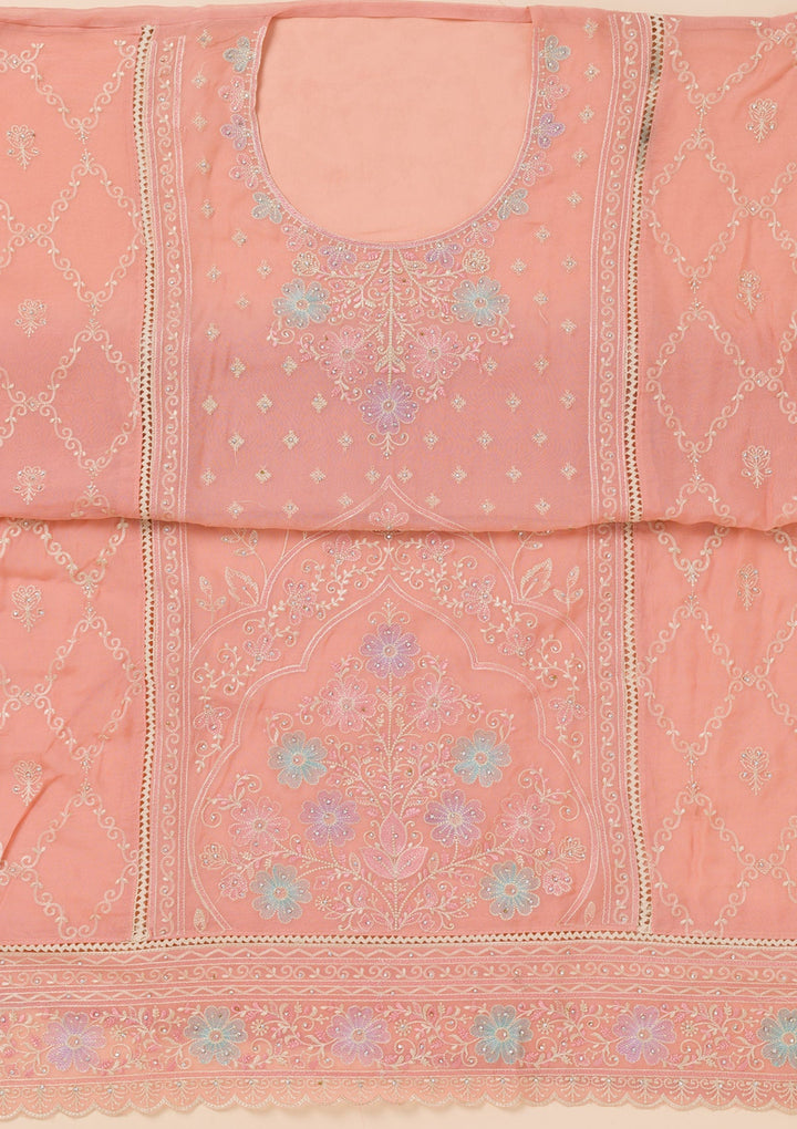 Peach Zariwork Georgette Unstitched Salwar Suit-Koskii