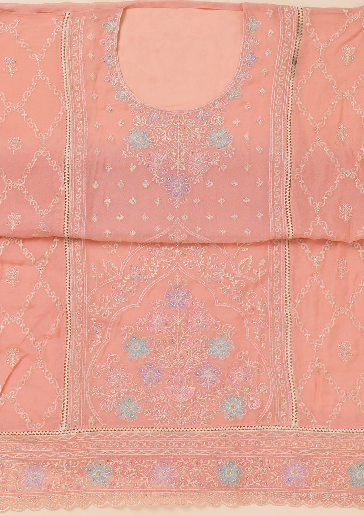 Peach Zariwork Georgette Unstitched Salwar Suit-Koskii