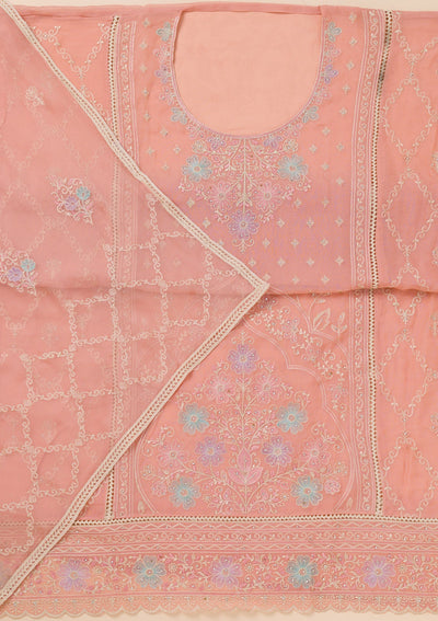 Peach Zariwork Georgette Unstitched Salwar Suit-Koskii