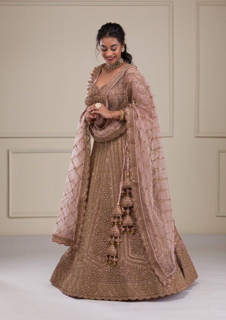 Peach Zariwork Net Readymade Lehenga-Koskii