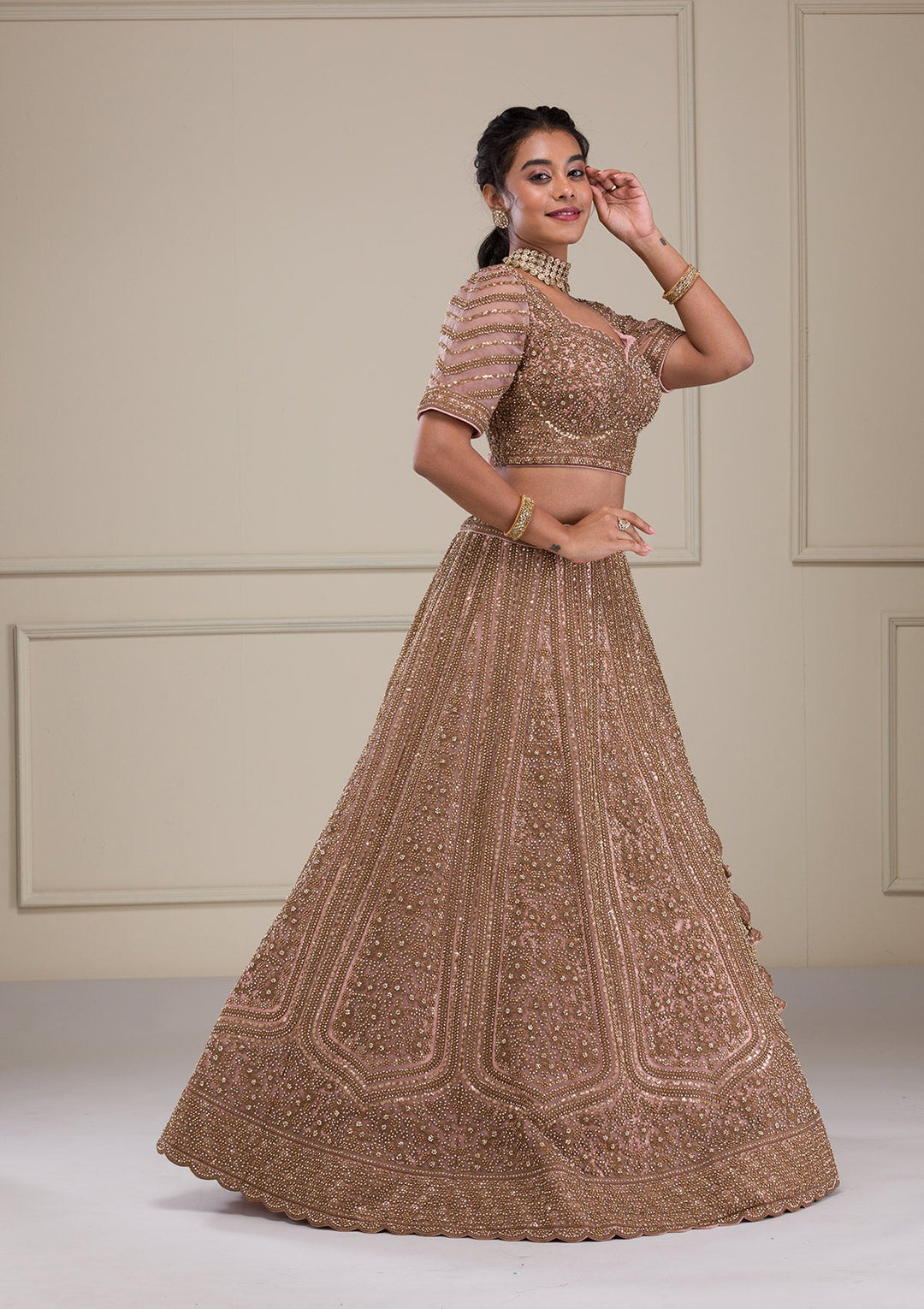 Peach Zariwork Net Readymade Lehenga-Koskii