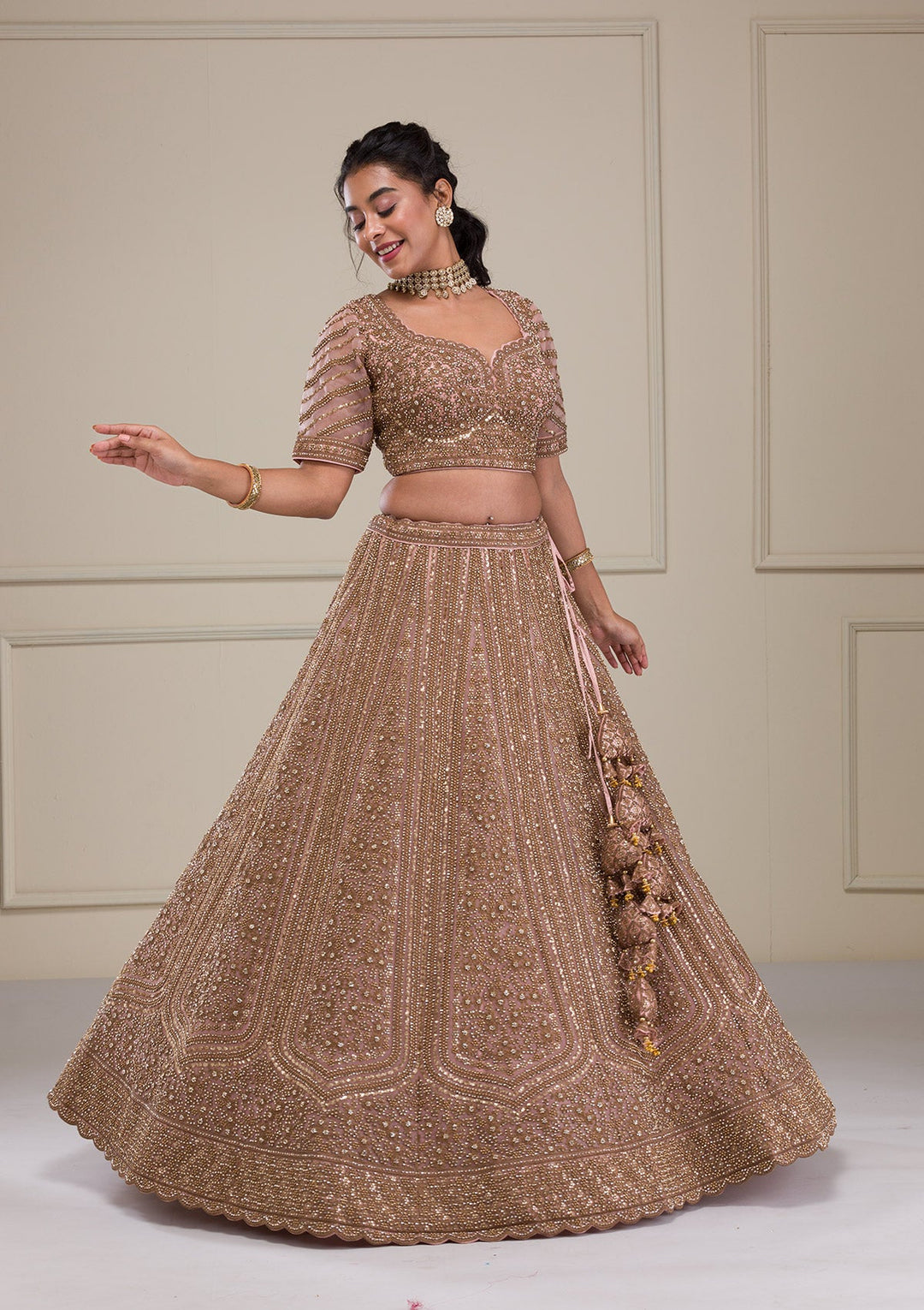 Peach Zariwork Net Readymade Lehenga-Koskii