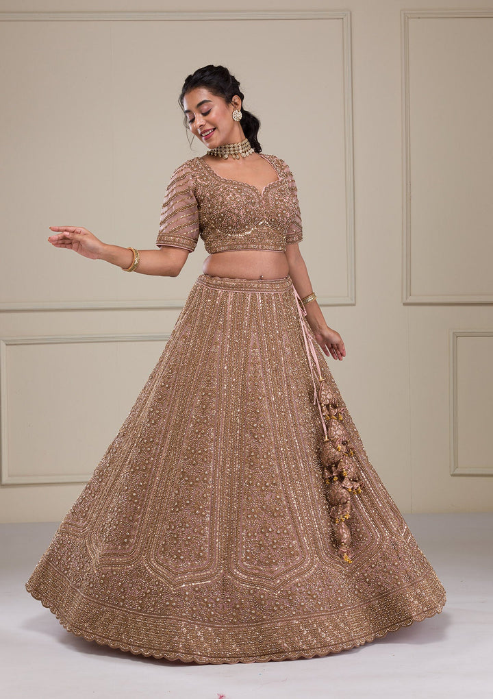 Peach Zariwork Net Readymade Lehenga-Koskii
