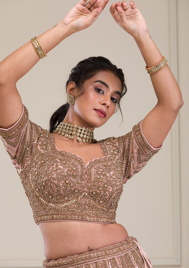 Peach Zariwork Net Readymade Lehenga-Koskii