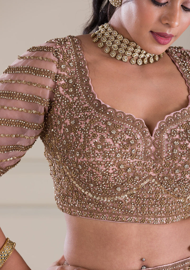 Peach Zariwork Net Readymade Lehenga-Koskii